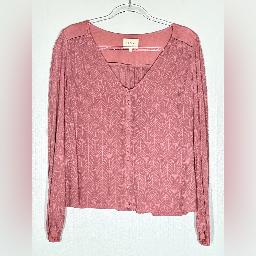 Sezane Dusty Rose Button-Front Lace Blouse
